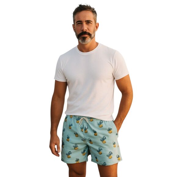 Old Navy Men's Large Swim Trunks Elastic Waist Light Blue Gold & Blue Pineapples - Picture 1 of 16